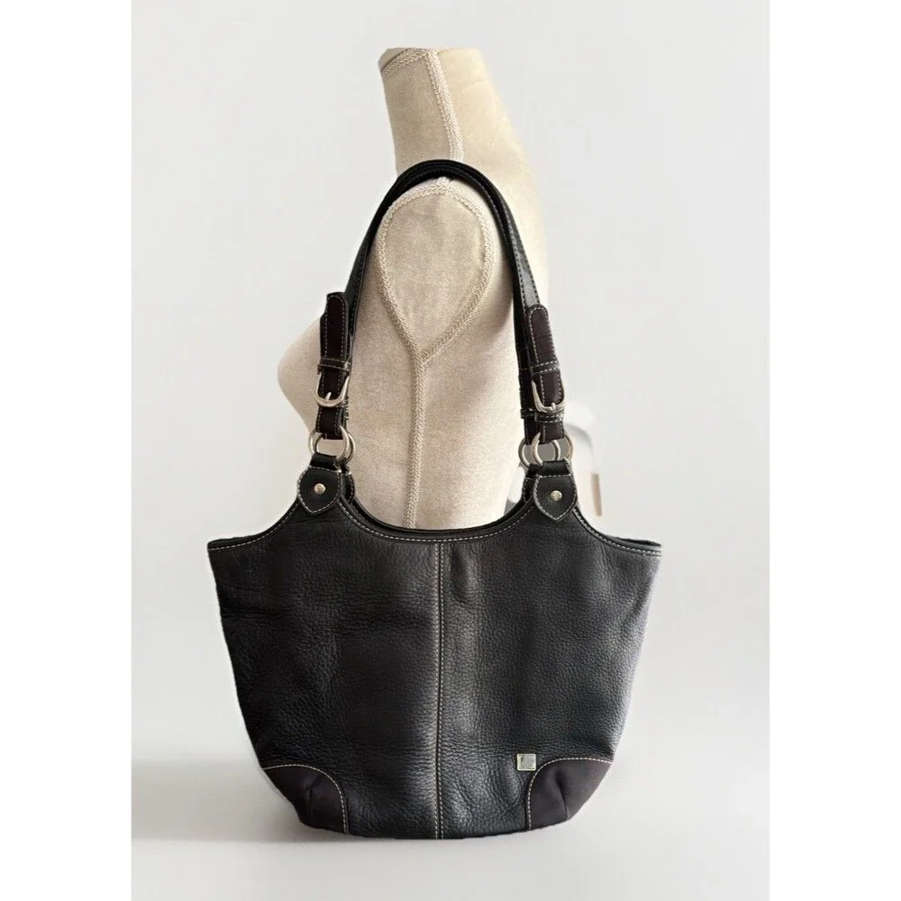 The Sak Black Pebbled Leather Shoulder Bag Buckles Silver Hardware Stitching